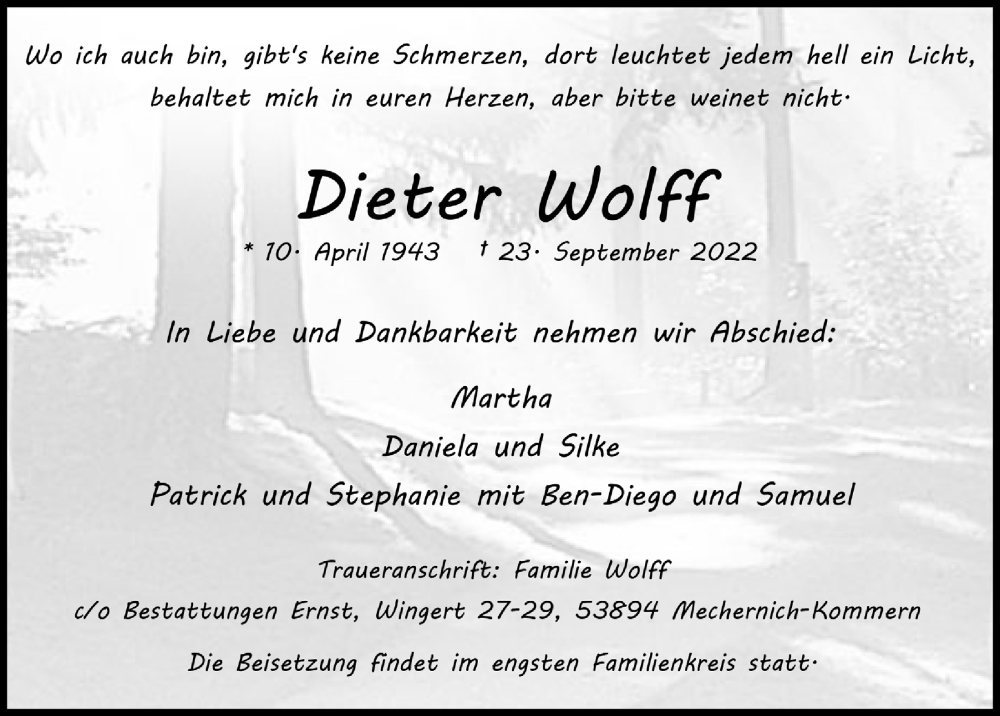  Traueranzeige für Dieter Wolff vom 01.10.2022 aus  Blickpunkt Euskirchen 