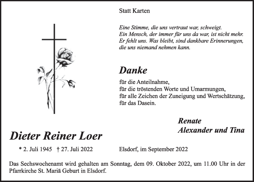  Traueranzeige für Dieter Reiner Loer vom 23.09.2022 aus  Werbepost 
