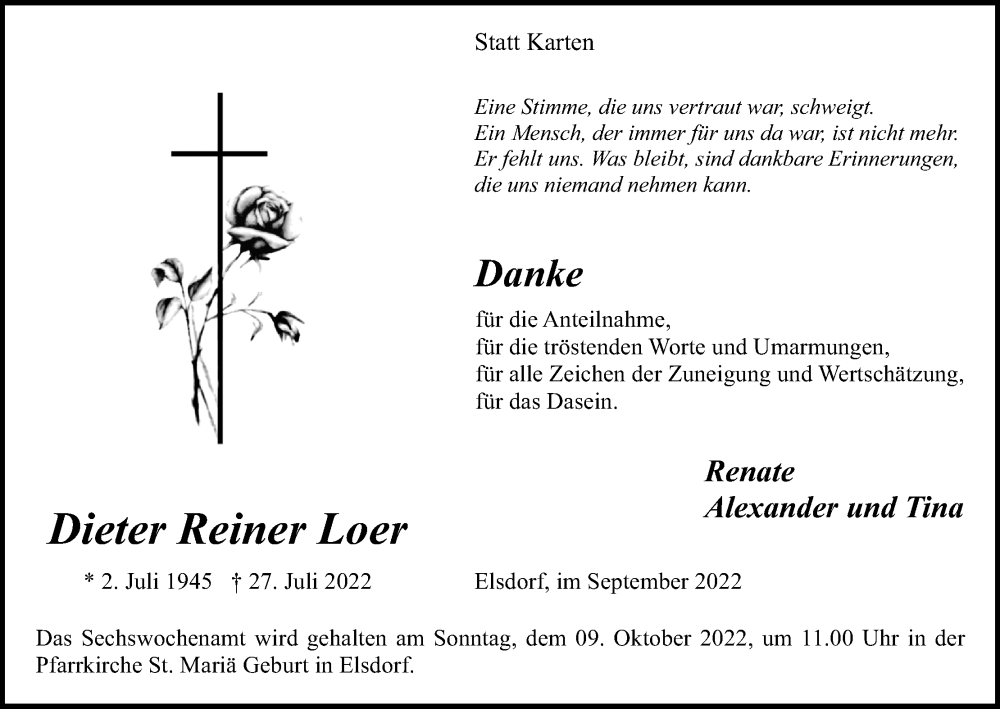  Traueranzeige für Dieter Reiner Loer vom 24.09.2022 aus Kölner Stadt-Anzeiger / Kölnische Rundschau / Express