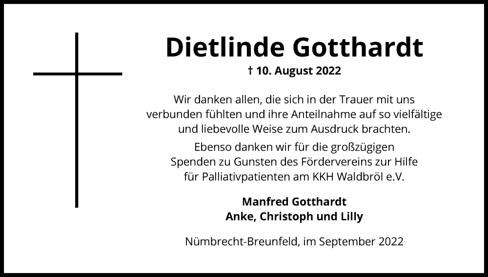  Traueranzeige für Dietlinde Gotthardt vom 17.09.2022 aus Kölner Stadt-Anzeiger / Kölnische Rundschau / Express