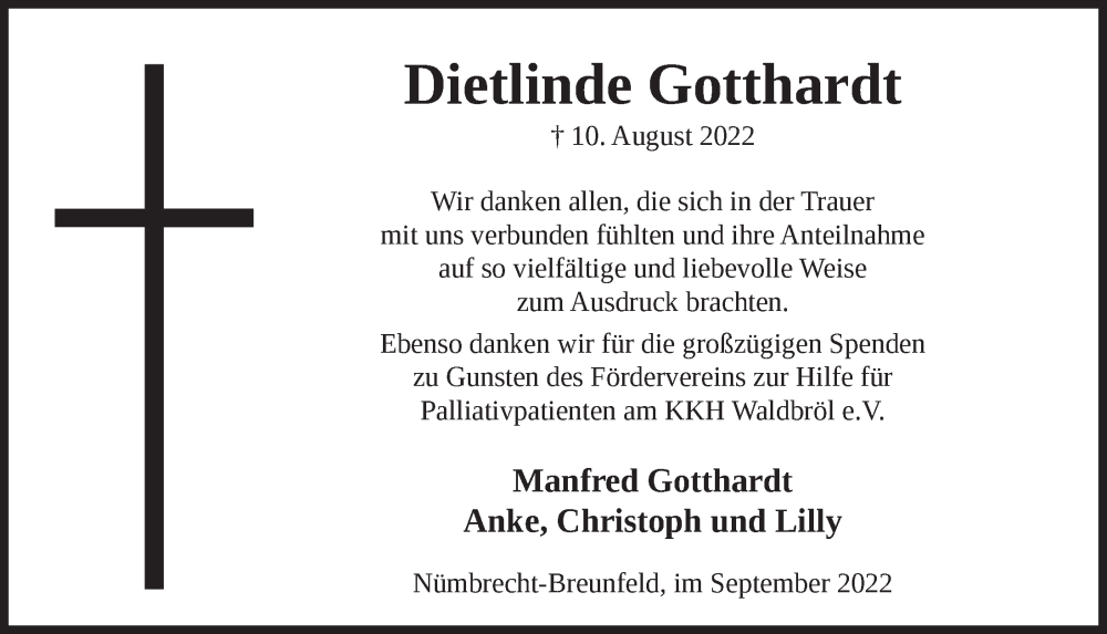  Traueranzeige für Dietlinde Gotthardt vom 16.09.2022 aus  Lokalanzeiger 