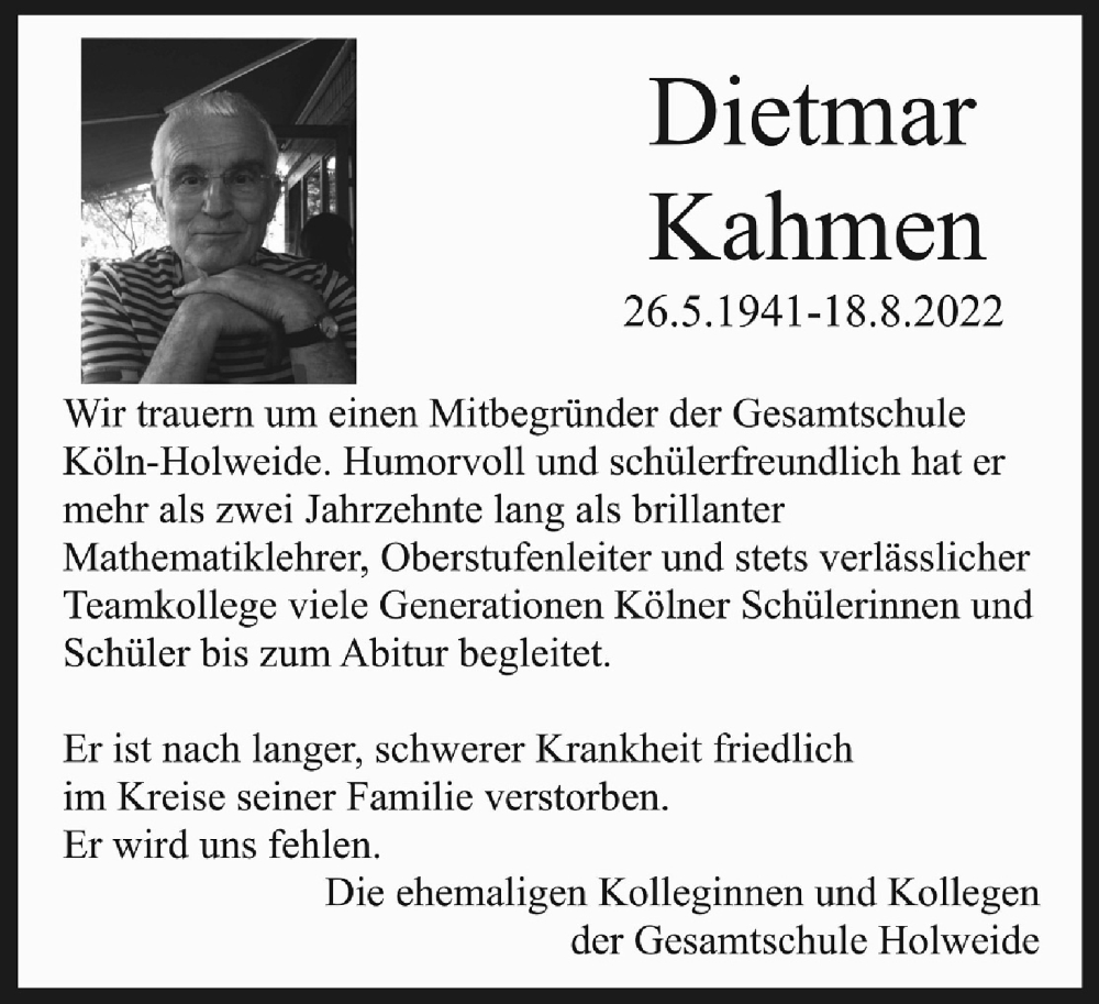  Traueranzeige für Dietmar Kahmen vom 17.09.2022 aus Kölner Stadt-Anzeiger / Kölnische Rundschau / Express