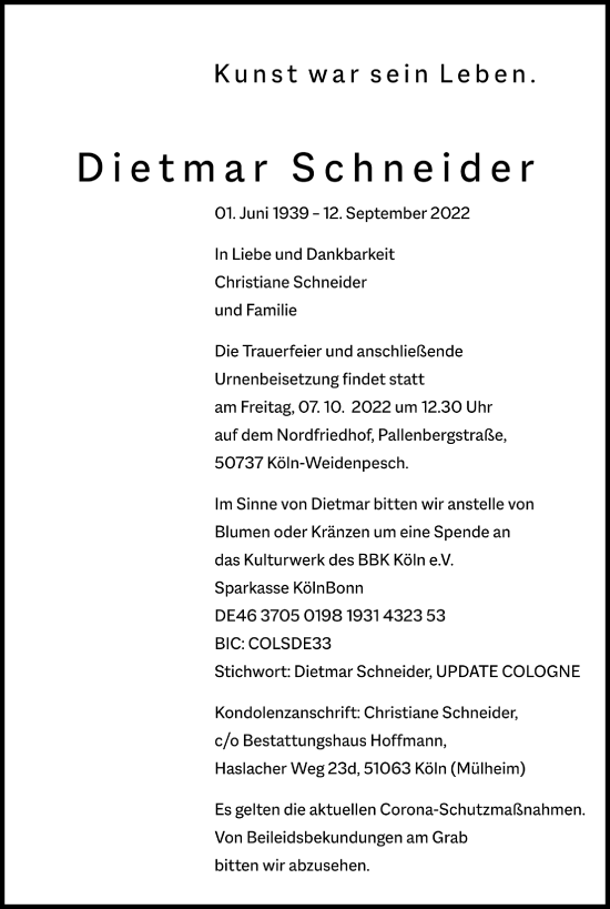 Anzeige von Dietmar Schneider von Kölner Stadt-Anzeiger / Kölnische Rundschau / Express