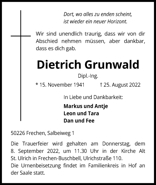 Anzeige von Dietrich Grunwald von Kölner Stadt-Anzeiger / Kölnische Rundschau / Express