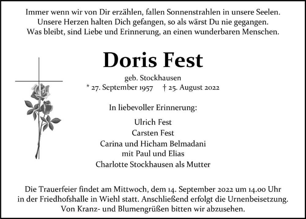  Traueranzeige für Doris Fest vom 02.09.2022 aus  Anzeigen Echo 