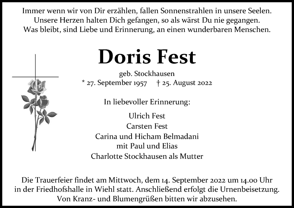  Traueranzeige für Doris Fest vom 03.09.2022 aus Kölner Stadt-Anzeiger / Kölnische Rundschau / Express