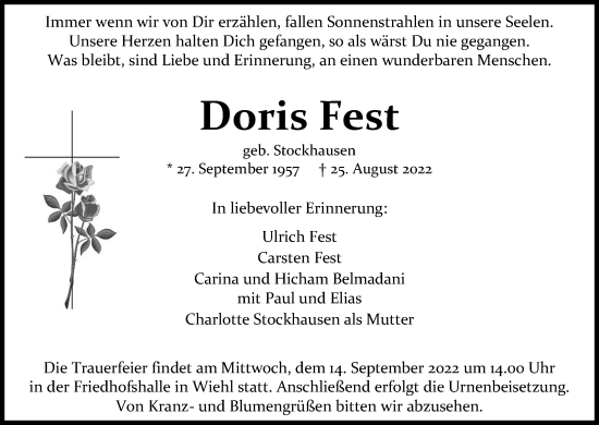 Anzeige von Doris Fest von Kölner Stadt-Anzeiger / Kölnische Rundschau / Express