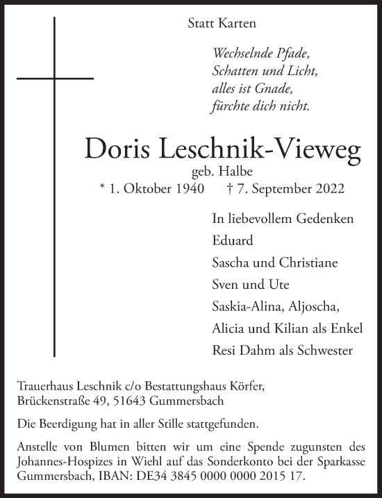 Anzeige von Doris Leschnik-Vieweg von  Anzeigen Echo 