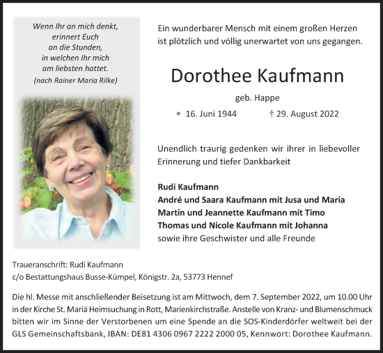 Anzeige von Dorothee Kaufmann von Kölner Stadt-Anzeiger / Kölnische Rundschau / Express