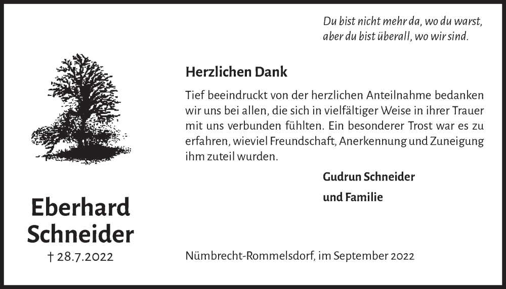  Traueranzeige für Eberhard  Schneider vom 23.09.2022 aus  Lokalanzeiger 
