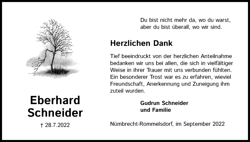  Traueranzeige für Eberhard  Schneider vom 24.09.2022 aus Kölner Stadt-Anzeiger / Kölnische Rundschau / Express