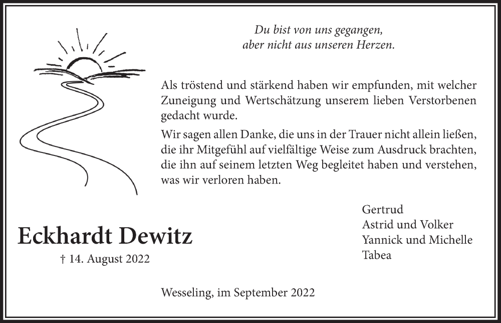  Traueranzeige für Eckhardt Dewitz vom 23.09.2022 aus  Schlossbote/Werbekurier 