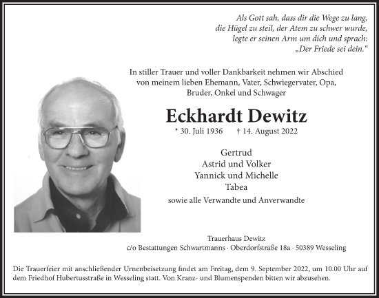 Anzeige von Eckhardt Dewitz von  Schlossbote/Werbekurier 