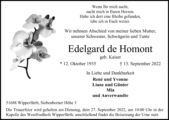 Anzeige von Edelgard de Homont von Kölner Stadt-Anzeiger / Kölnische Rundschau / Express