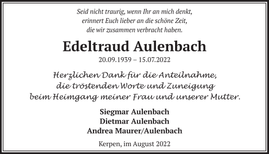 Anzeige von Edeltraud Aulenbach von  Werbepost 