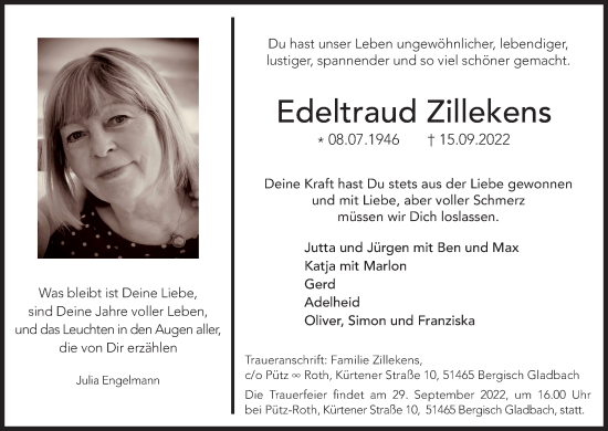 Anzeige von Edeltraud Zillekens von Kölner Stadt-Anzeiger / Kölnische Rundschau / Express