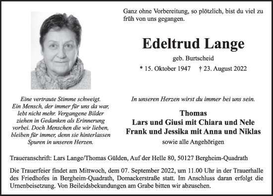 Anzeige von Edeltrud Lange von  Werbepost 