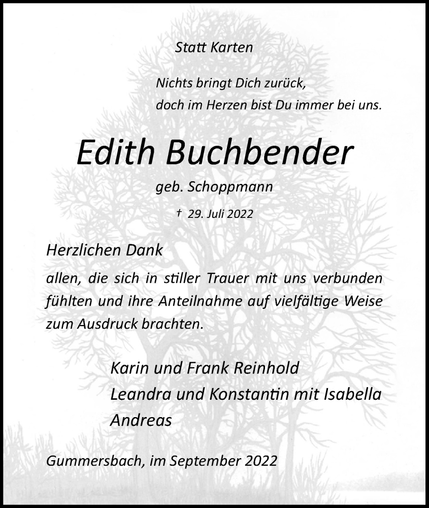  Traueranzeige für Edith Buchbender vom 09.09.2022 aus Kölner Stadt-Anzeiger / Kölnische Rundschau / Express