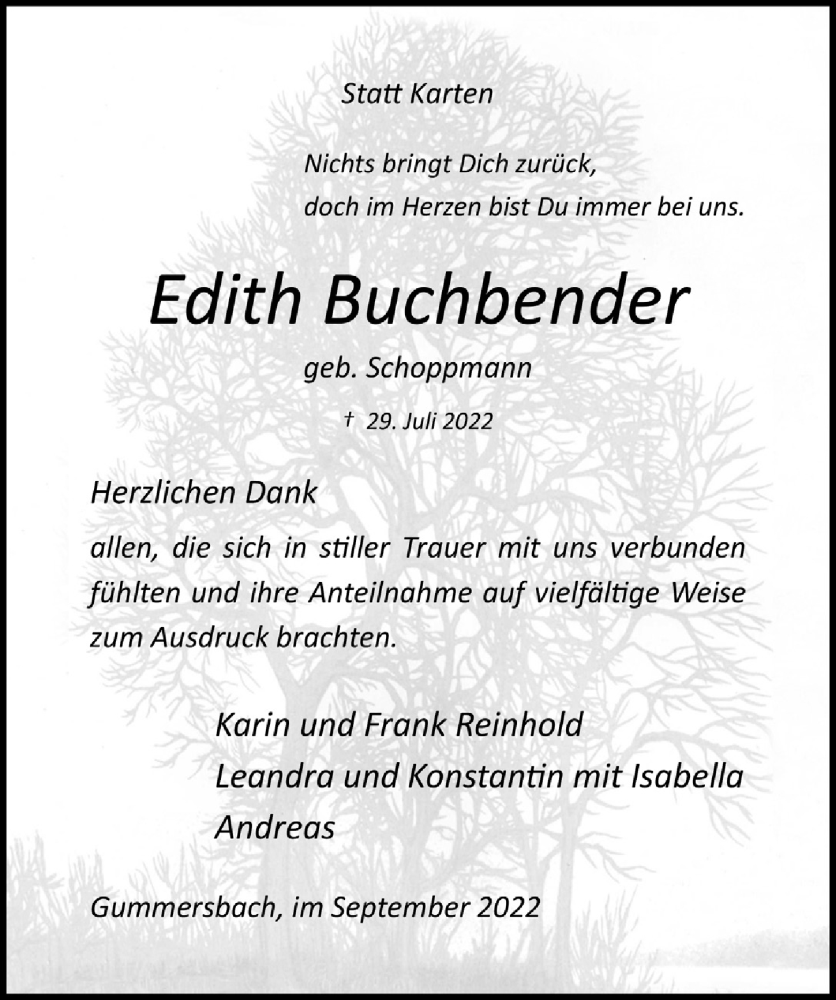  Traueranzeige für Edith Buchbender vom 09.09.2022 aus  Anzeigen Echo 