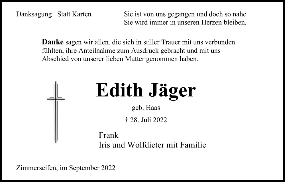  Traueranzeige für Edith Jäger vom 02.09.2022 aus Kölner Stadt-Anzeiger / Kölnische Rundschau / Express