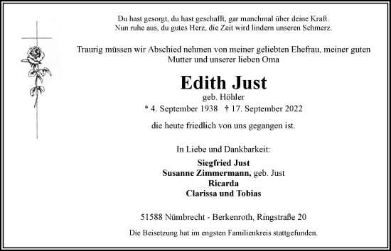 Anzeige von Edith Just von  Lokalanzeiger 