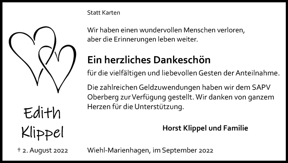  Traueranzeige für Edith Klippel vom 17.09.2022 aus Kölner Stadt-Anzeiger / Kölnische Rundschau / Express