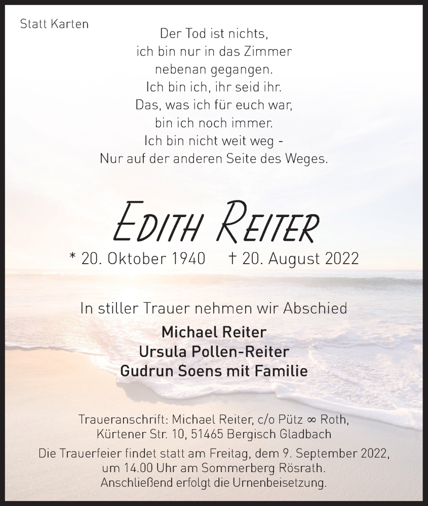  Traueranzeige für Edith Reiter vom 03.09.2022 aus Kölner Stadt-Anzeiger / Kölnische Rundschau / Express