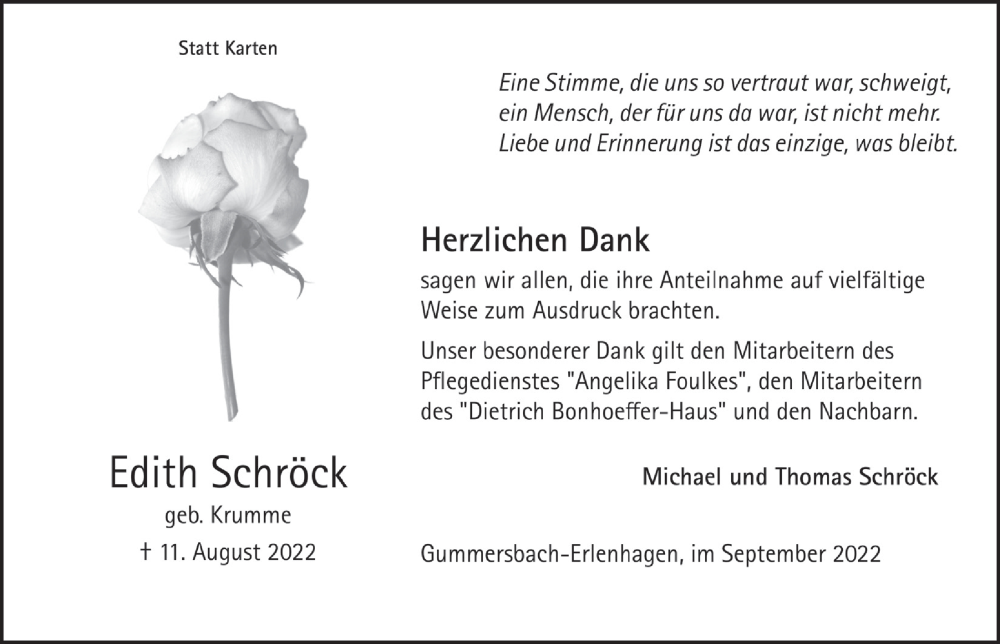  Traueranzeige für Edith Schröck vom 23.09.2022 aus  Anzeigen Echo 