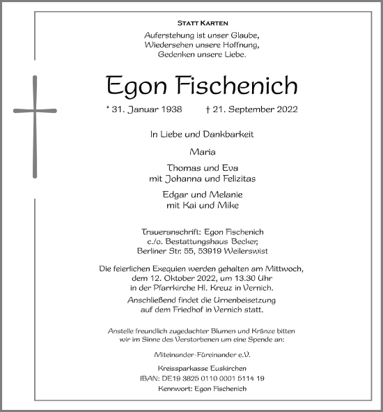 Anzeige von Egon Fischenich von  Blickpunkt Euskirchen 