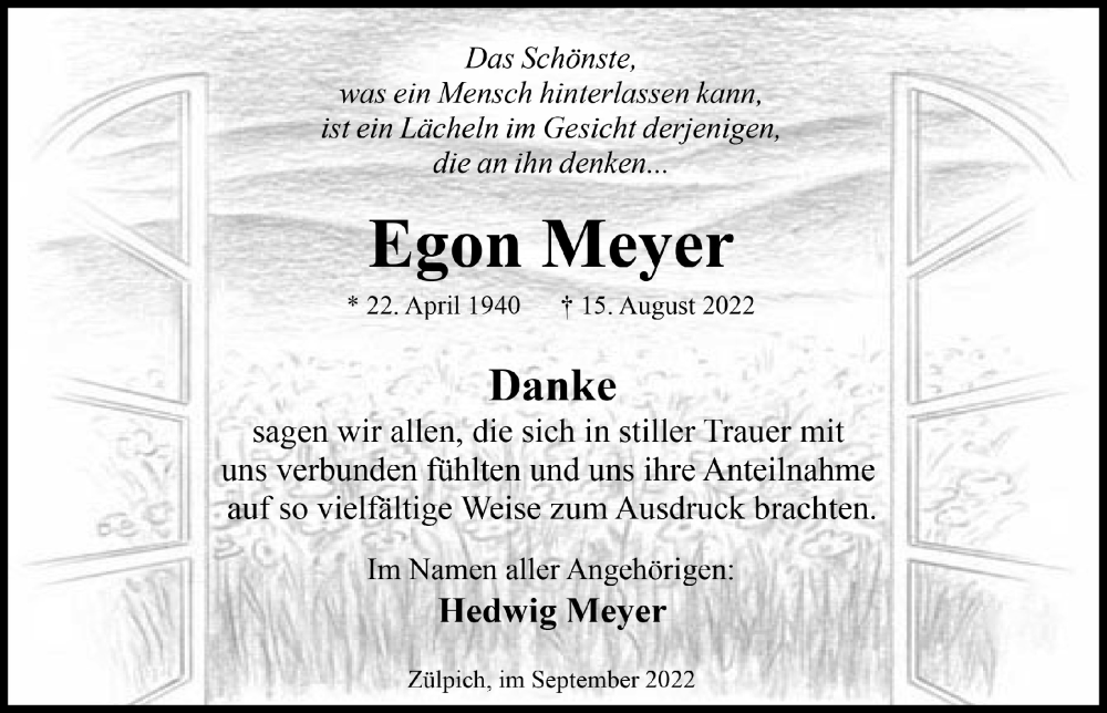  Traueranzeige für Egon Meyer vom 17.09.2022 aus  Blickpunkt Euskirchen 