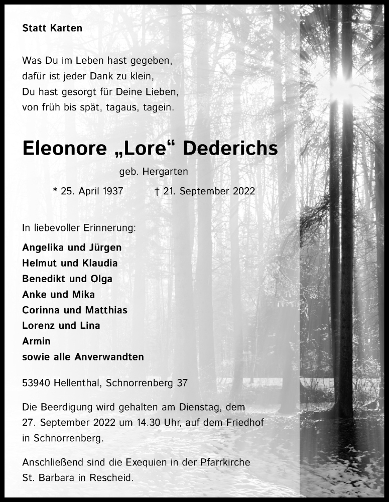  Traueranzeige für Eleonore Dederichs vom 24.09.2022 aus Kölner Stadt-Anzeiger / Kölnische Rundschau / Express