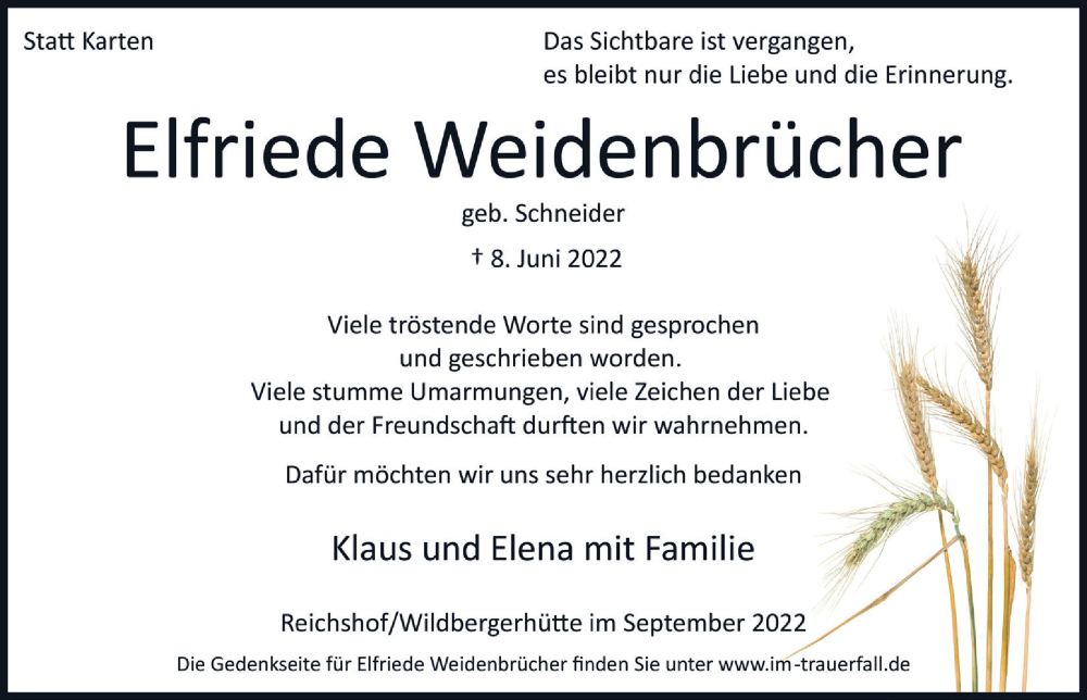 Traueranzeige für Elfriede Weidenbrücher vom 02.09.2022 aus  Anzeigen Echo  Lokalanzeiger 
