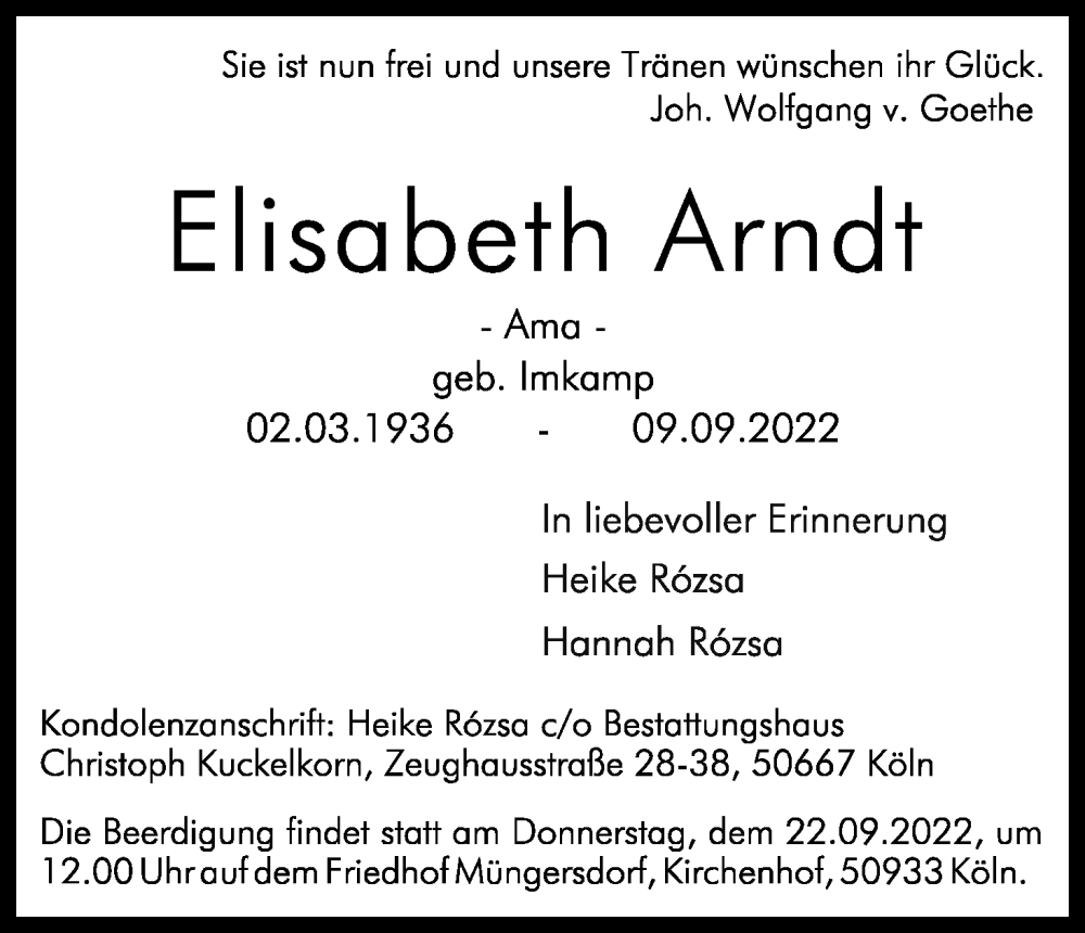  Traueranzeige für Elisabeth Arndt vom 17.09.2022 aus Kölner Stadt-Anzeiger / Kölnische Rundschau / Express