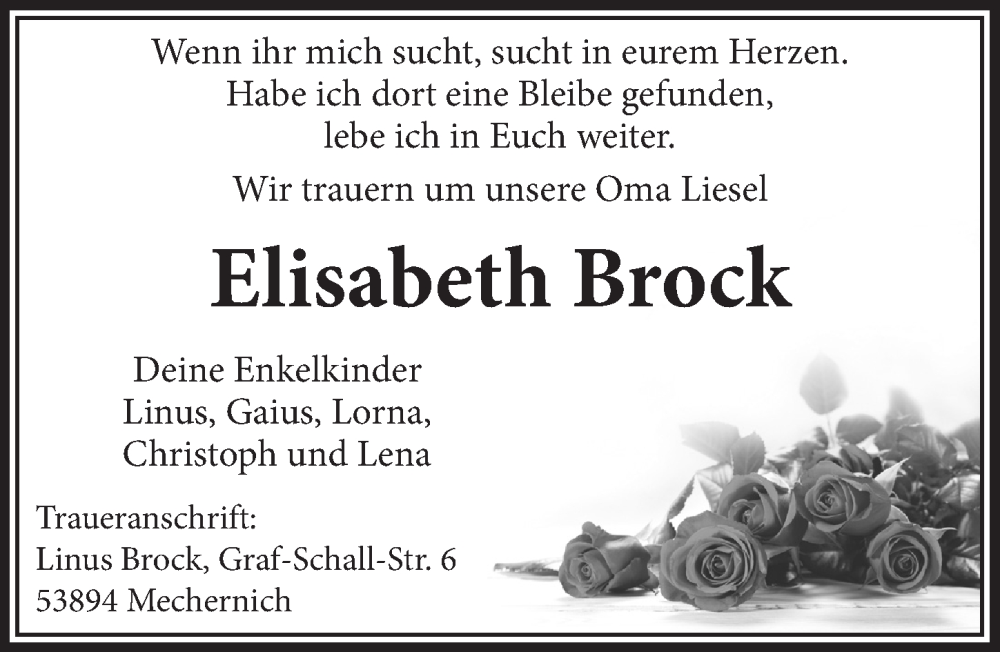  Traueranzeige für Elisabeth Brock vom 24.09.2022 aus  Blickpunkt Euskirchen 