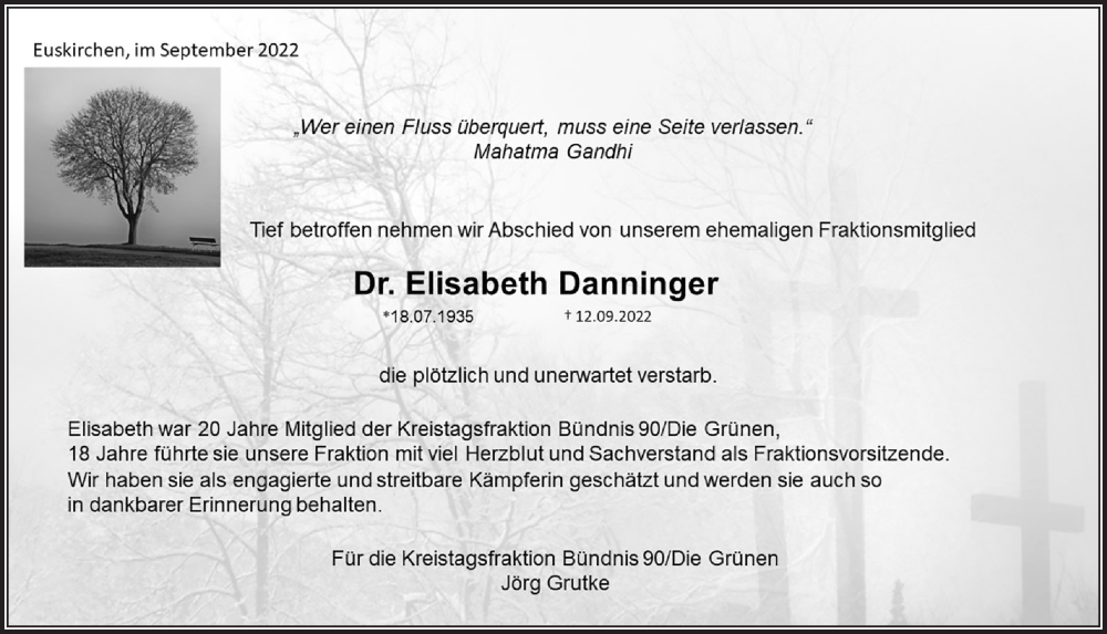  Traueranzeige für Elisabeth Danninger vom 24.09.2022 aus  Blickpunkt Euskirchen 