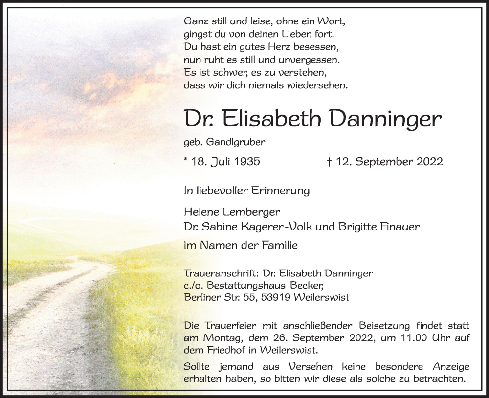  Traueranzeige für Elisabeth Danninger vom 17.09.2022 aus Kölner Stadt-Anzeiger / Kölnische Rundschau / Express