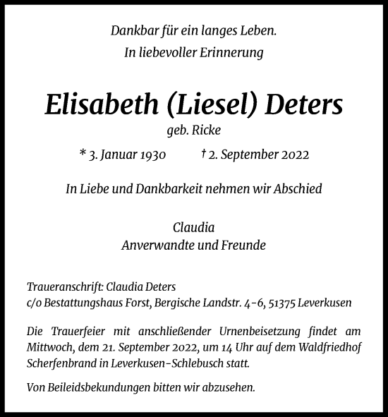 Anzeige von Elisabeth  Deters von Kölner Stadt-Anzeiger / Kölnische Rundschau / Express