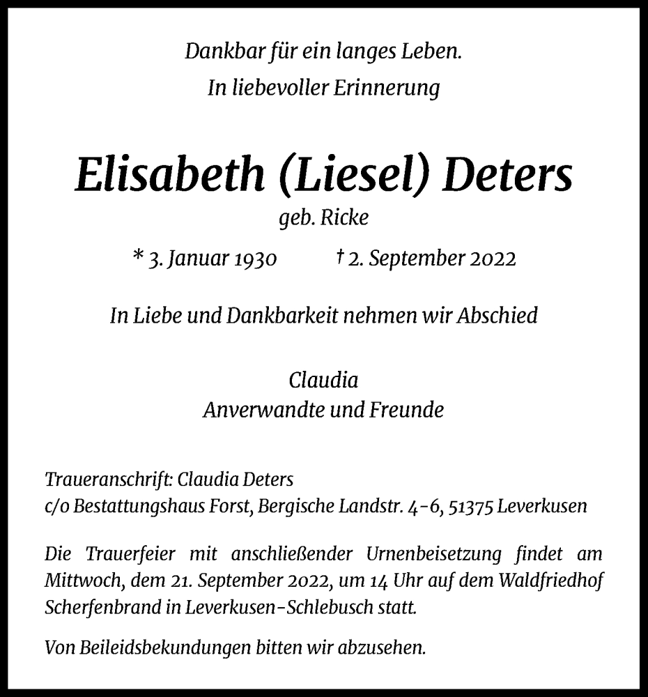  Traueranzeige für Elisabeth  Deters vom 14.09.2022 aus Kölner Stadt-Anzeiger / Kölnische Rundschau / Express