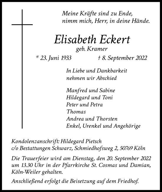 Anzeige von Elisabeth Eckert von Kölner Stadt-Anzeiger / Kölnische Rundschau / Express