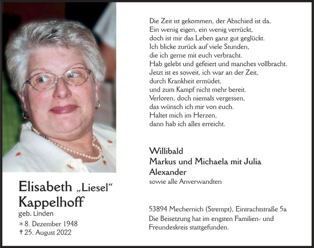  Traueranzeige für Elisabeth Kappelhoff vom 10.09.2022 aus  Blickpunkt Euskirchen 
