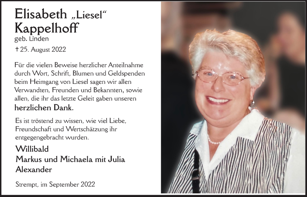  Traueranzeige für Elisabeth Kappelhoff vom 24.09.2022 aus  Blickpunkt Euskirchen 