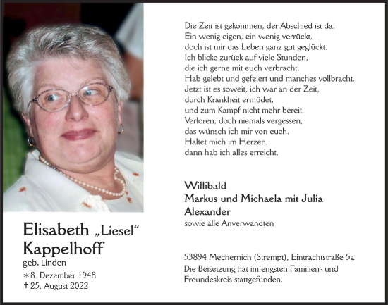 Anzeige von Elisabeth Kappelhoff von  Blickpunkt Euskirchen 