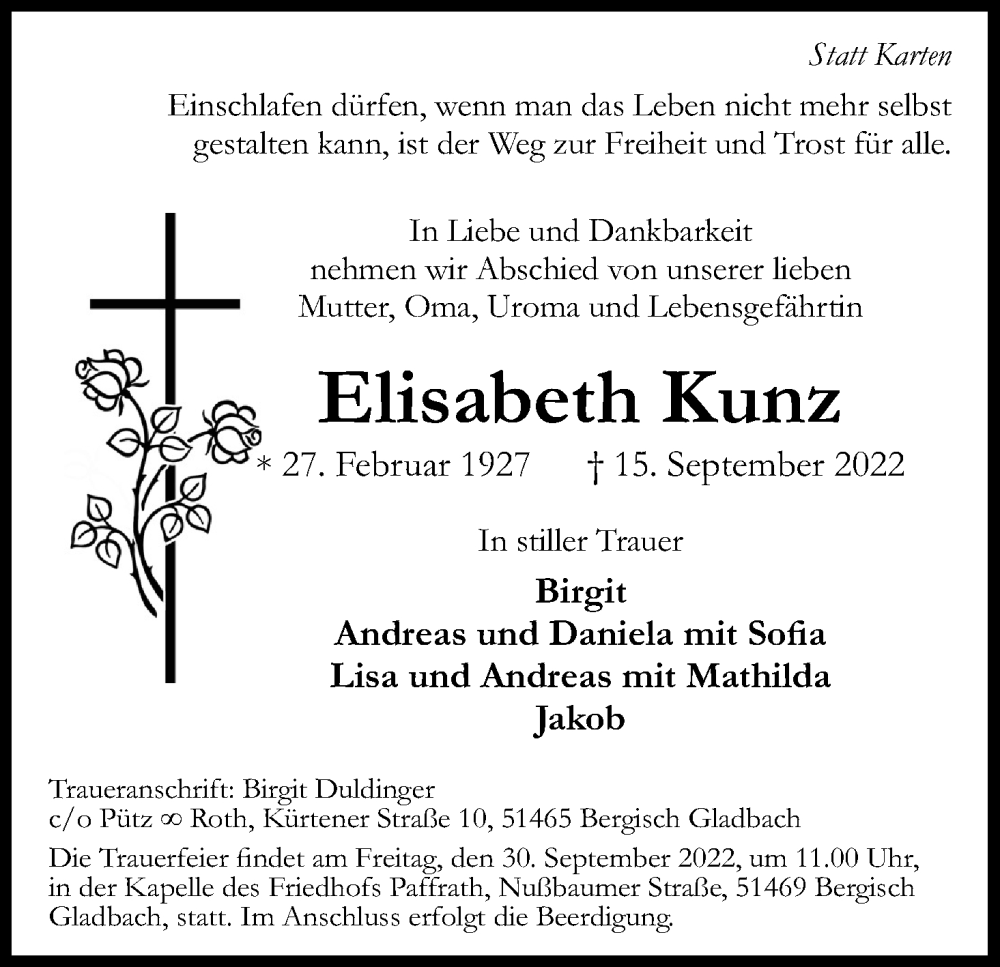  Traueranzeige für Elisabeth Kunz vom 24.09.2022 aus Kölner Stadt-Anzeiger / Kölnische Rundschau / Express