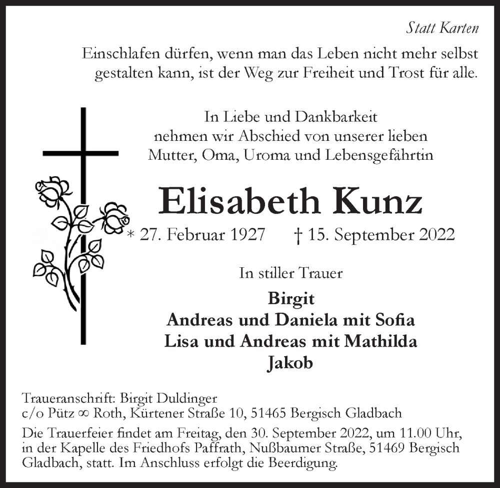 Traueranzeige für Elisabeth Kunz vom 23.09.2022 aus  Bergisches Handelsblatt 