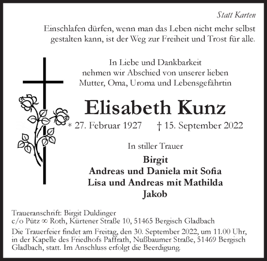 Anzeige von Elisabeth Kunz von  Bergisches Handelsblatt 