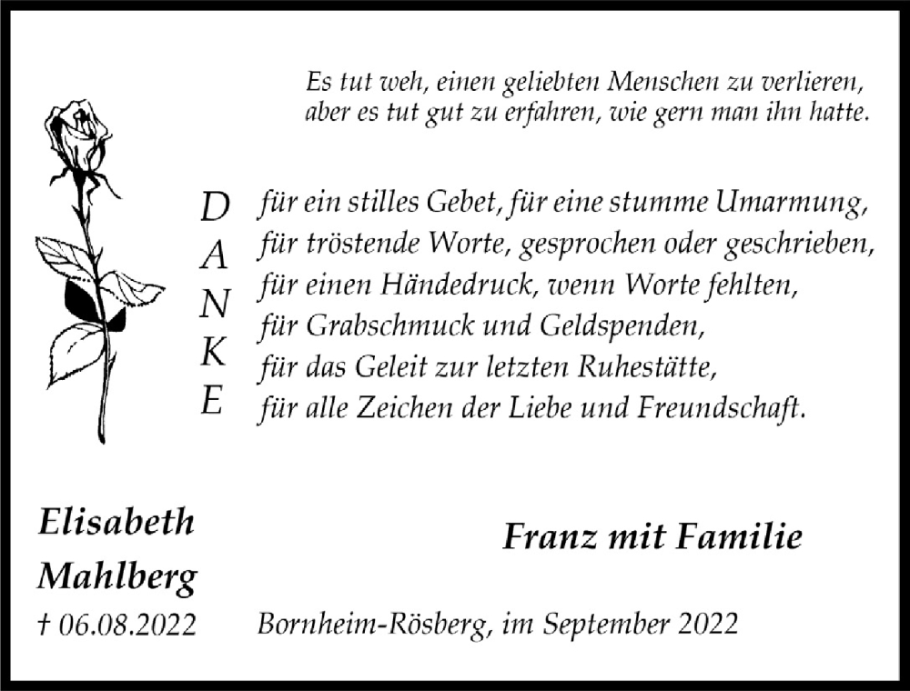  Traueranzeige für Elisabeth Mahlberg vom 09.09.2022 aus  Schaufenster/Blickpunkt 