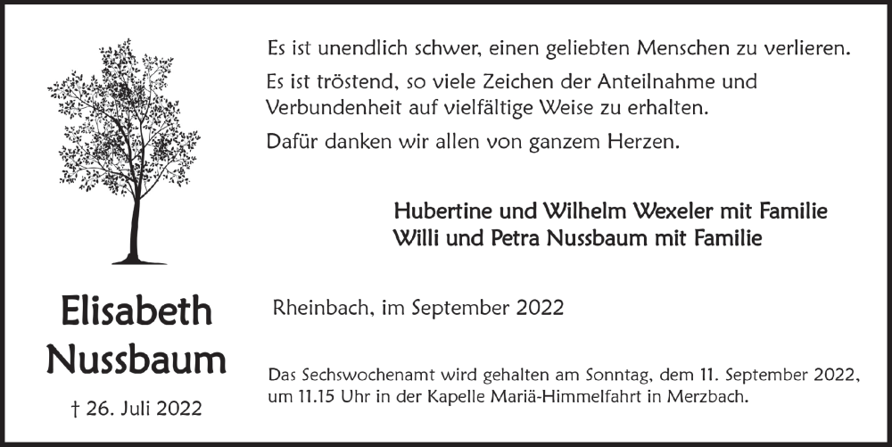  Traueranzeige für Elisabeth Nussbaum vom 02.09.2022 aus  Schaufenster/Blickpunkt 