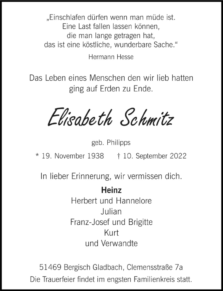  Traueranzeige für Elisabeth Schmitz vom 16.09.2022 aus  Bergisches Handelsblatt 