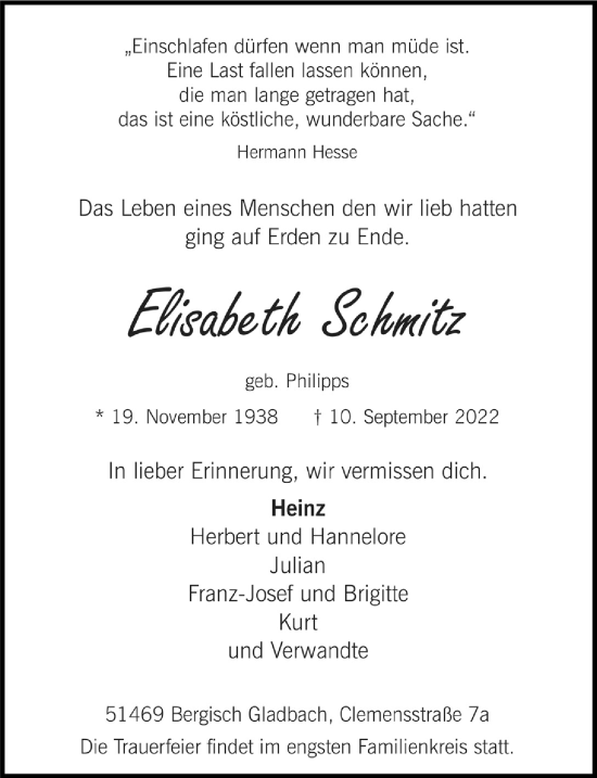 Anzeige von Elisabeth Schmitz von  Bergisches Handelsblatt 