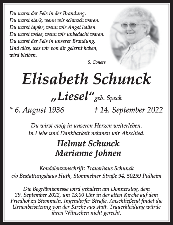 Anzeige von Elisabeth Schunck von  Wochenende 